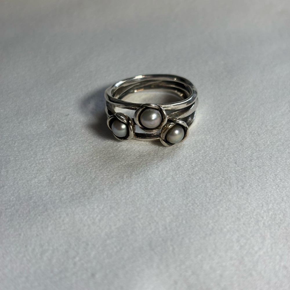 Genuine Pandora Three Wishes 3 Grey Pearl Sterling Silver Ring size 7.5